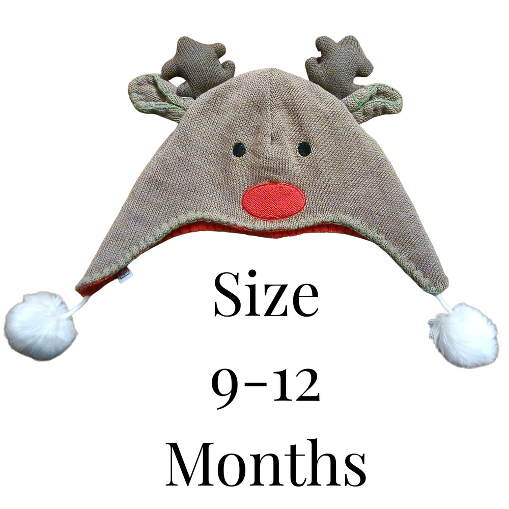 Rudolph Red Nose Reindeer Hat With Antlers And Pom-Poms, Sz 9-12 Months, NWT